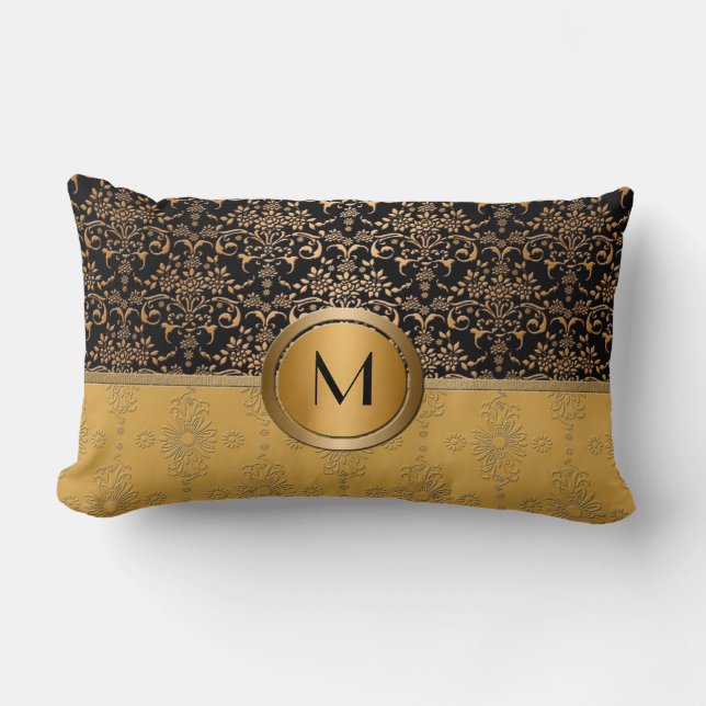 Coussin Rectangle Motif damassé doré et noir à monogramme élégant (Recto)