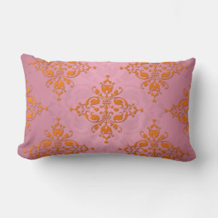 Coussin Rectangle Motif damassé orange et rose
