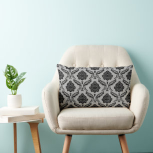 Coussin Rectangle Motif Damassé Rococo Noir sur Gris