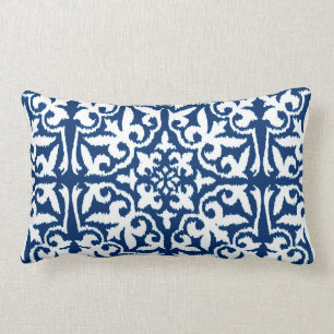 Coussin Rectangle Motif de damassé d'Ikat - bleu et blanc de cobalt
