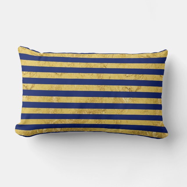 Coussin Rectangle Motif de feuille d'or élégante et de rayure bleue (Recto)