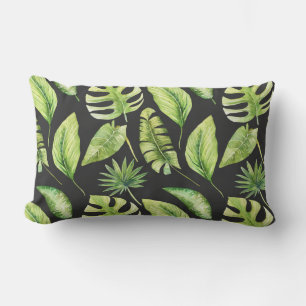 Coussin Rectangle Motif de feuilles tropicales vertes botanique noir