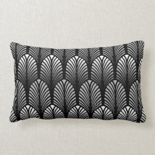 Coussin Rectangle Motif de plume d'art déco, gris argenté et noir