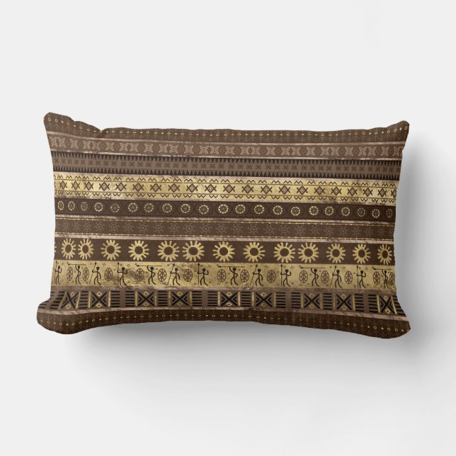 Coussin Rectangle Motif d'or africain ethnique sur le brun en pastel (Recto)