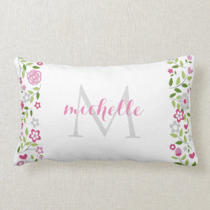 Coussin Rectangle Motif floral gris rose personnalisé de monogramme