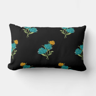 Coussin Rectangle Motif floral turquoise corail vert sur fond noir
