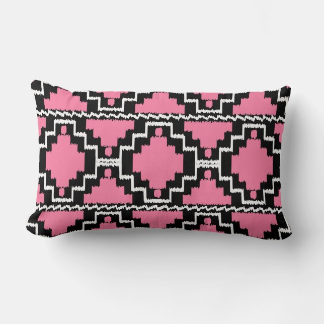 Coussin Rectangle Motif Ikat Aztec - Fuchsia rose, noir et blanc (Recto)