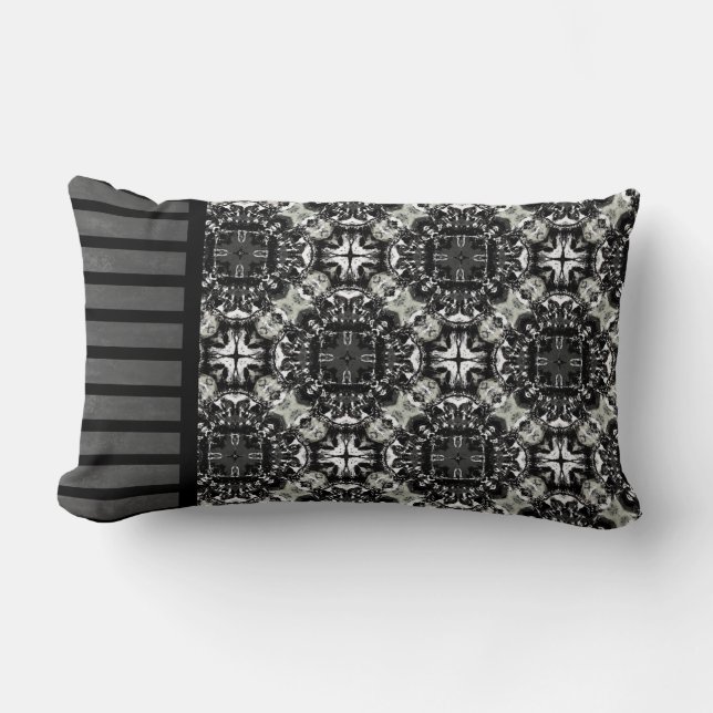 Coussin Rectangle Motif Mandalas noir, blanc et gris (Recto)