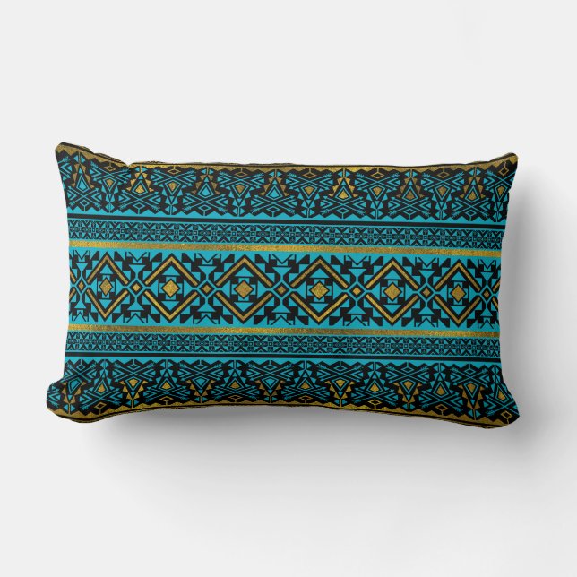 Coussin Rectangle Motif mexicain de style - noir, sarcelle d'hiver (Recto)