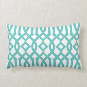 Coussin Rectangle Motif moderne de Trellis blanc et turquoise