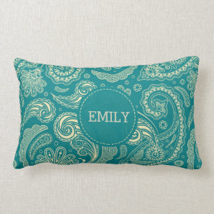Coussin Rectangle Motif Monogramme Blue Green Paisley