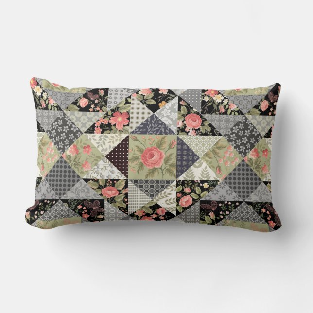 Coussin Rectangle Motif Patchwork Papillons Fleurs Rose de feuillage (Recto)