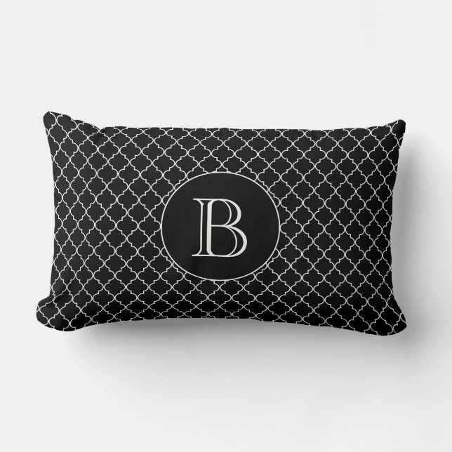 Coussin Rectangle Motif Quatrefoil noir Monogramme personnalisé (Recto)