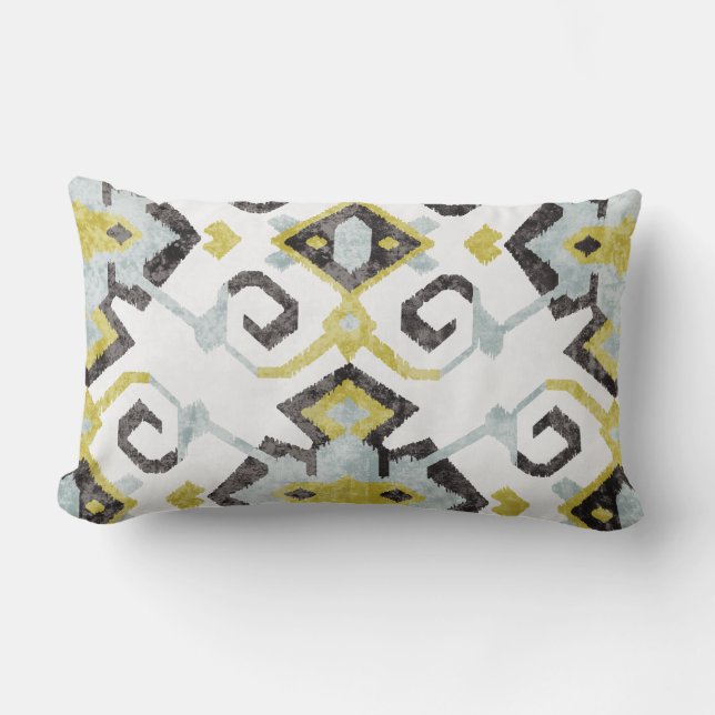Coussin Rectangle Motif tribal chic d'ikat jaune et gris (Recto)