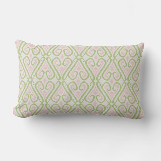 Coussin Rectangle Motifs damassés chic rose pastel et vert ikat (Recto)