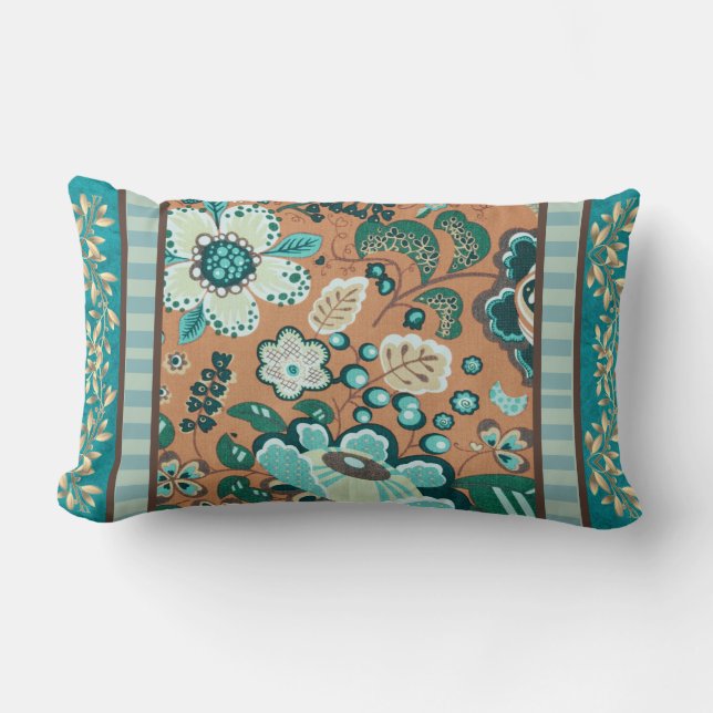 Coussin Rectangle Multiples Motifs, Turquoise, Vert, Rouille, Or, Fl (Recto)
