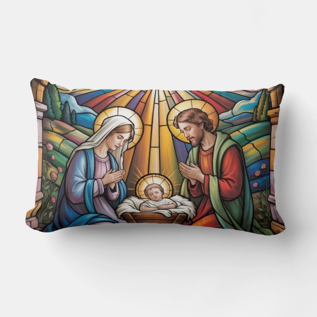 Coussin Rectangle Nativity Stained Glass Art – Holy Family Christmas (Recto)