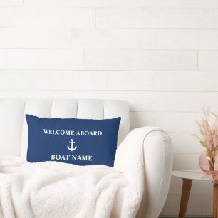 Coussin Rectangle Nautical Navy Blue Welcome Aboard Nom du bateau