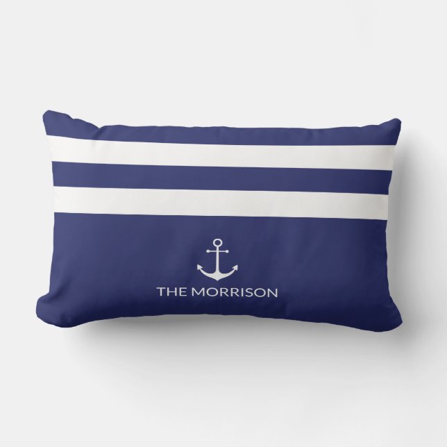Coussin Rectangle Nautical Stripes Nom du bateau ancre blanche marin (Recto)