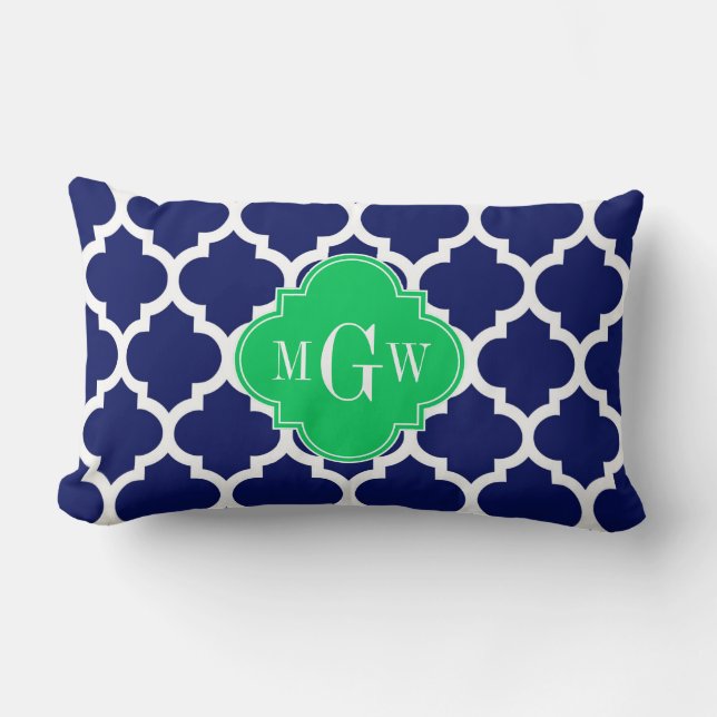 Coussin Rectangle Navy Blanc Marocain #5 Émeraude 3 Initiale Monogra (Recto)