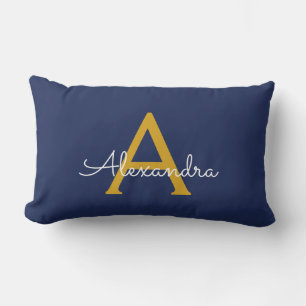Coussin Rectangle Navy Blue Gold Girl Script Monogramme Nom Moderne