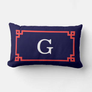 Coussin Rectangle Navy, Cadre Monogramme Initiale #2 à Clé Grecque R