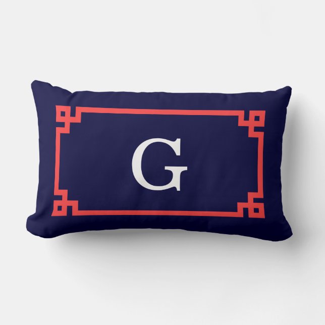 Coussin Rectangle Navy, Cadre Monogramme Initiale #2 à Clé Grecque R (Recto)