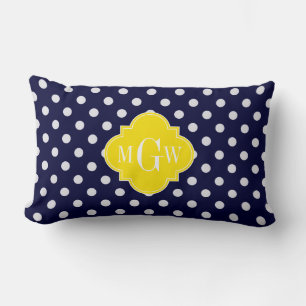 Coussin Rectangle Navy White Polka Dots Yellow Quatrefoil 3 monogram