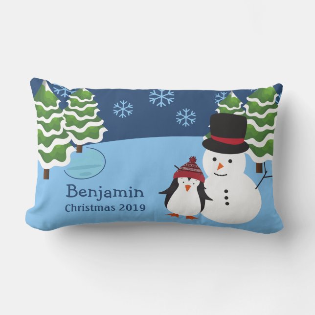 Coussin Rectangle Noël des manchots et des motoneiges (Recto)