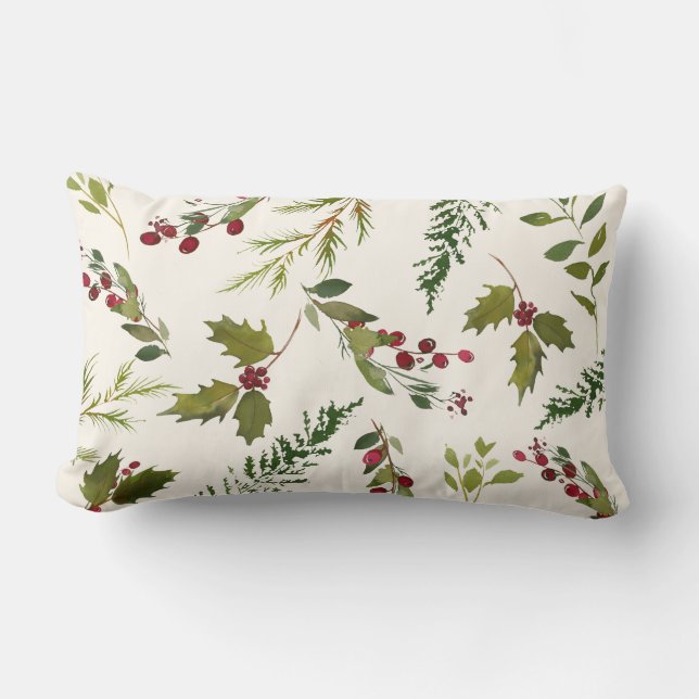 Coussin Rectangle Noël élégant de verdure de baie de houx d'hiver (Recto)