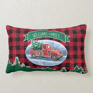 Coussin Rectangle Noël Rouge Vintage Camion Buffalo Plaid Ajouter No