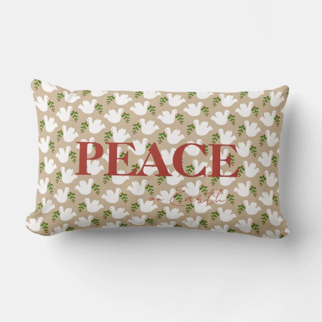 Coussin Rectangle Noël Vert Rouge Blanc Colombe PAIX sur Terre (Recto)