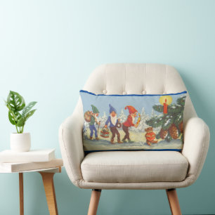 Coussin Rectangle Noël vintage, elfes dans la forêt de neige hiver