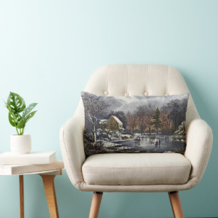 Coussin Rectangle Noël vintage, Patineurs de début d'hiver sur un ét