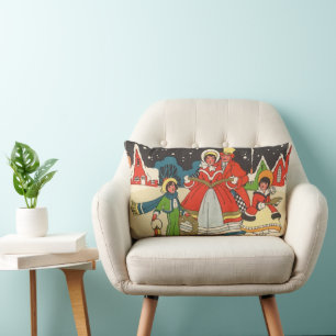 Coussin Rectangle Noël vintage, une famille chantant des chants de N