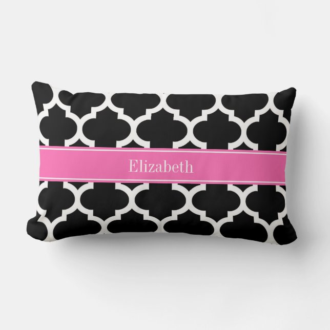 Coussin Rectangle Noir Blanc Marocain #5 Rose Chaud #2 Nom Monogramm (Recto)