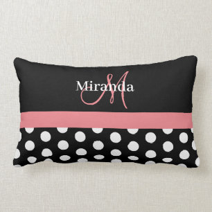 Coussin Rectangle Noir blanc Monogramme rose Polka