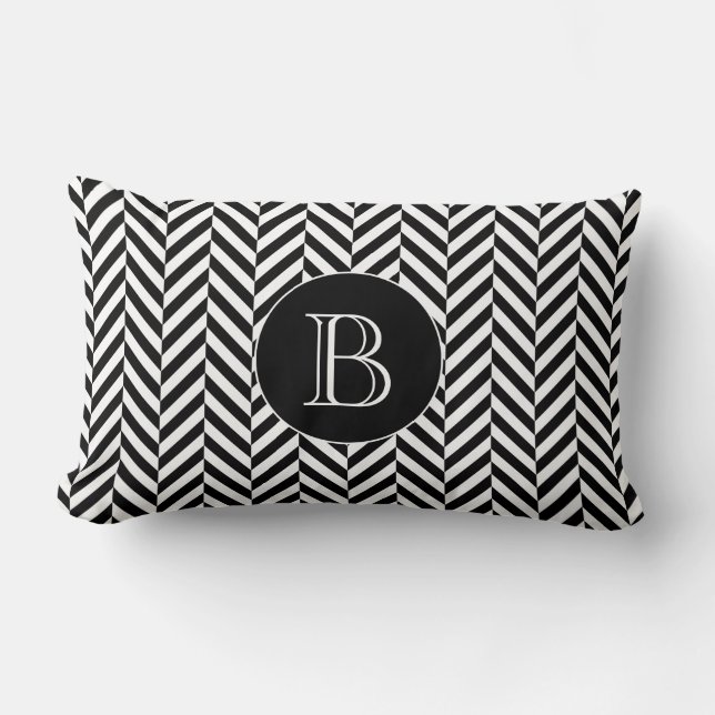Coussin Rectangle Noir Blanc Motif Herringbone Personnalisé Monogram (Recto)