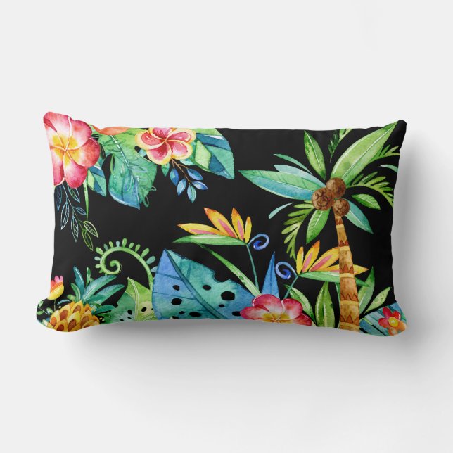 Coussin Rectangle Noir floral tropical (Recto)