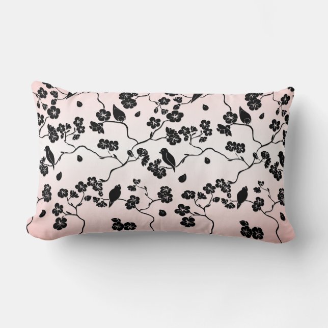 Coussin Rectangle Noir sur les oiseaux Motifs roses et fleurs de cer (Recto)