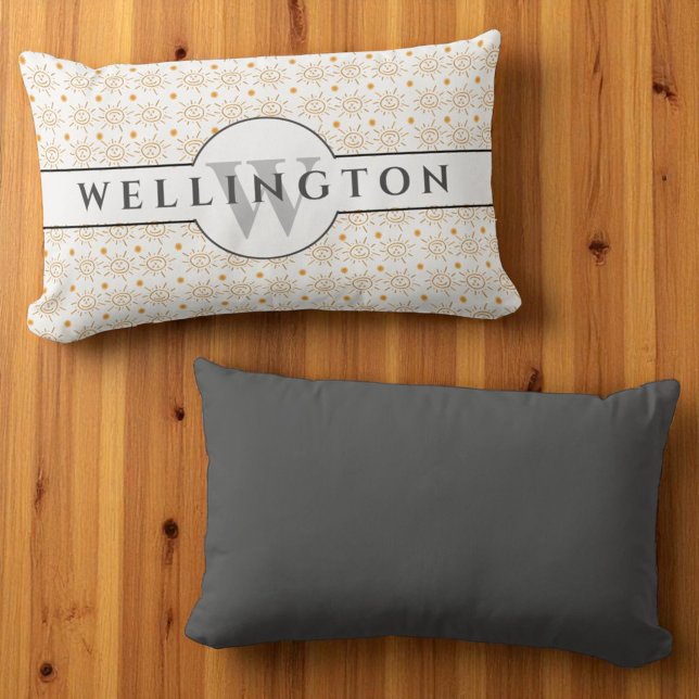 Coussin Rectangle Nom de monogramme gris amusant Soleil dessiné à la (front and back monogram template lumbar pillow)