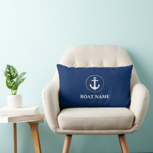 Coussin Rectangle Nom du bateau nautique Ancre Blue Gold
