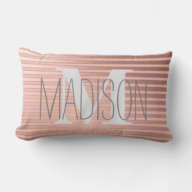 Coussin Rectangle Nom du monogramme rayé rose pâle personnalisé (Recto)