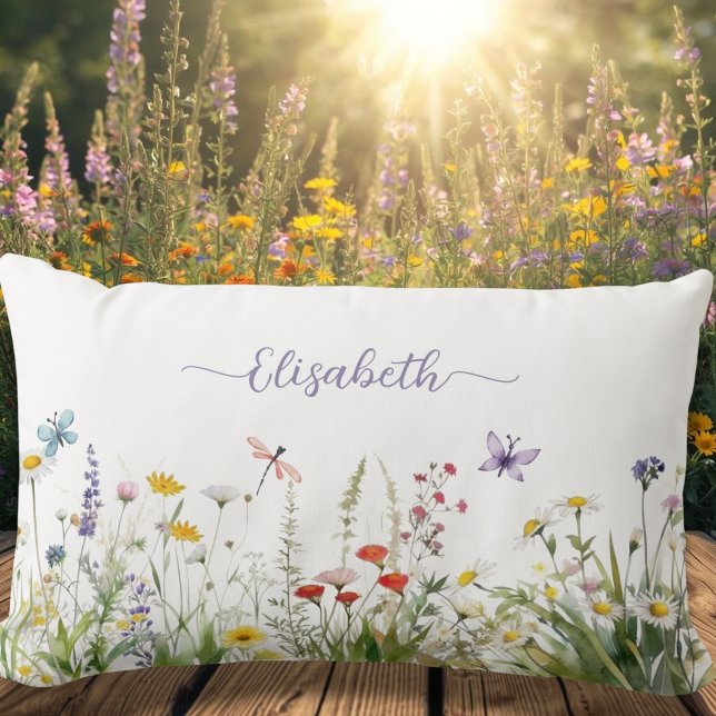 Coussin Rectangle Nom du script fleur sauvage Purple Lilac (Wildflowers Purple Lilac Script Name Lumbar Pillow)