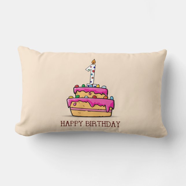 Coussin Rectangle Nom personnalisé, 1er anniversaire, gâteau rose do (Recto)
