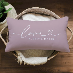 Coussin Rectangle Noms de couple de script de cœur d'amour lilas rom