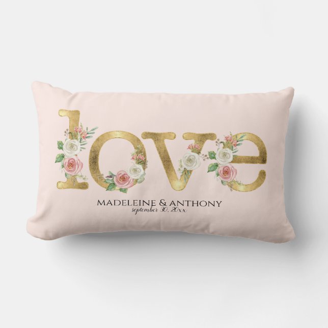Coussin Rectangle Noms personnalisés de mariage Fleurs aquarelles (Recto)
