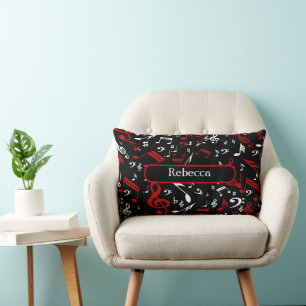 Coussin Rectangle Notes musicales blanches et noires rouges