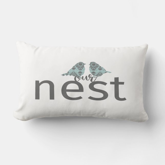 Coussin Rectangle Notre nid gris et bleu avec deux oiseaux (Recto)