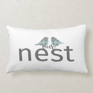 Coussin Rectangle Notre nid gris et bleu avec deux oiseaux